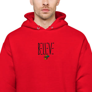 Embroidered "BELIEVE" fleece hoodie